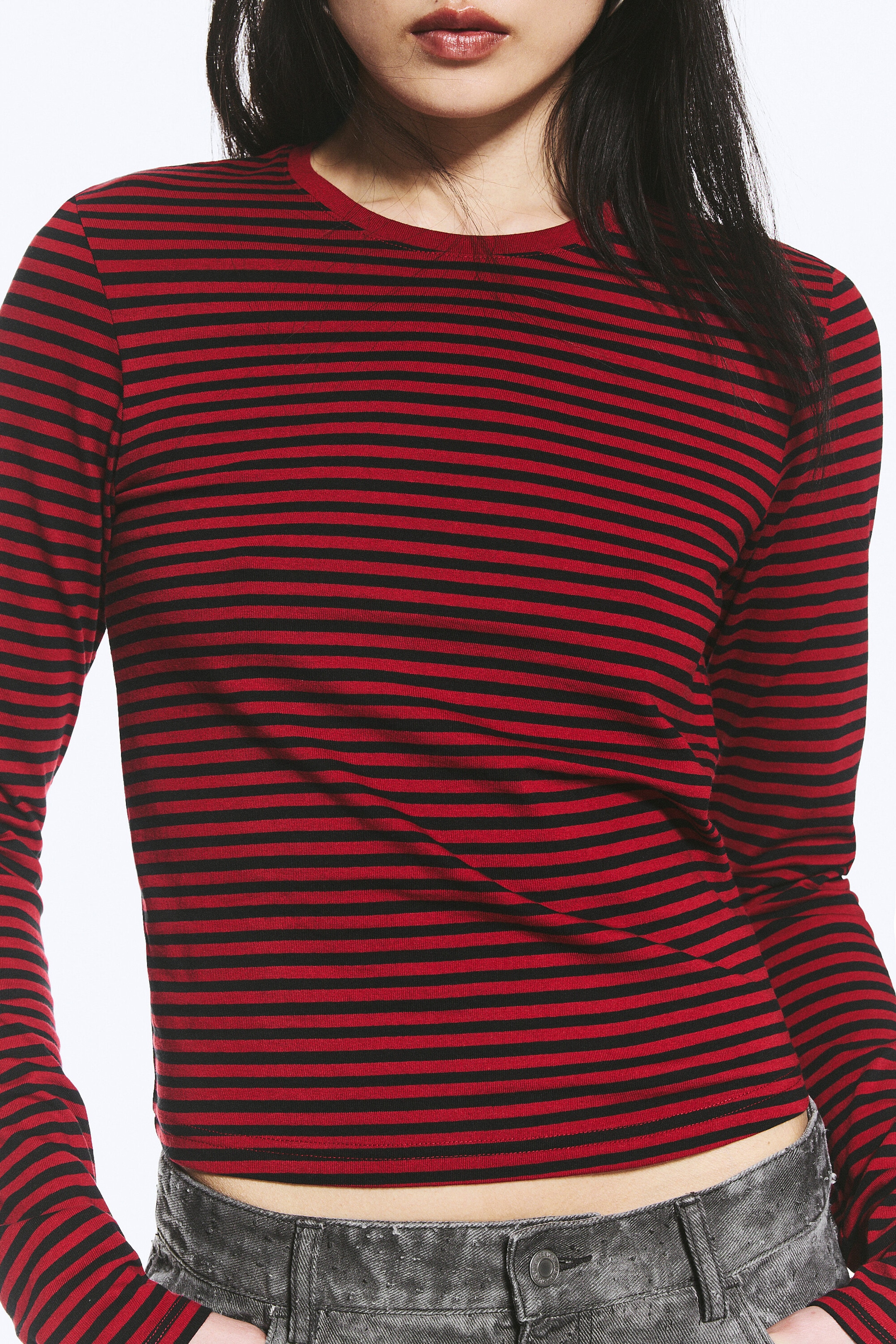 Striped Dark Red - Slim Long-Sleeved Cotton Top - 1