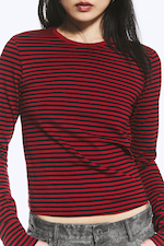 Striped Dark Red - Slim Long-Sleeved Cotton Top - 1