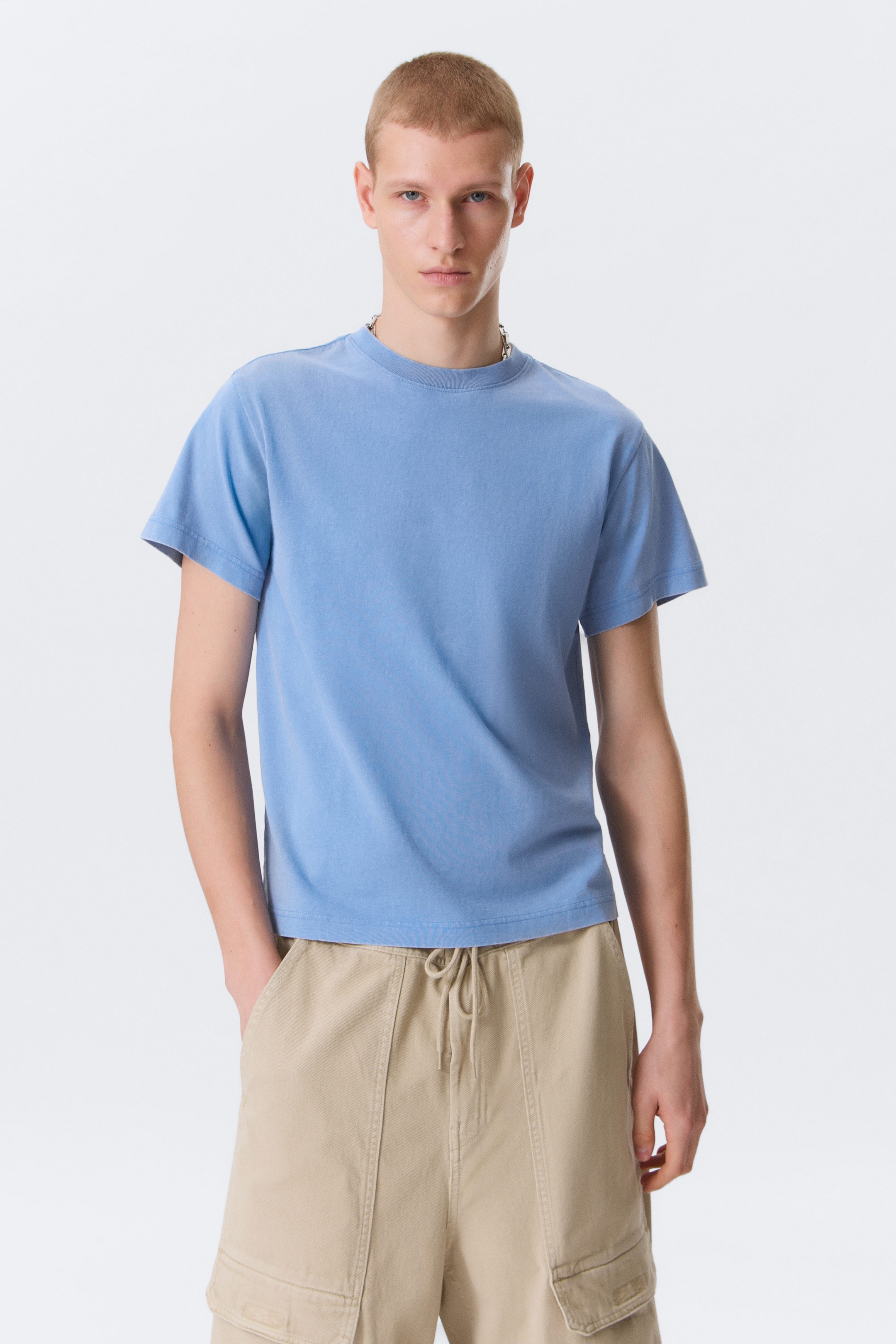 Blue - Shrunken Short-Sleeved Cotton T-shirt - 2