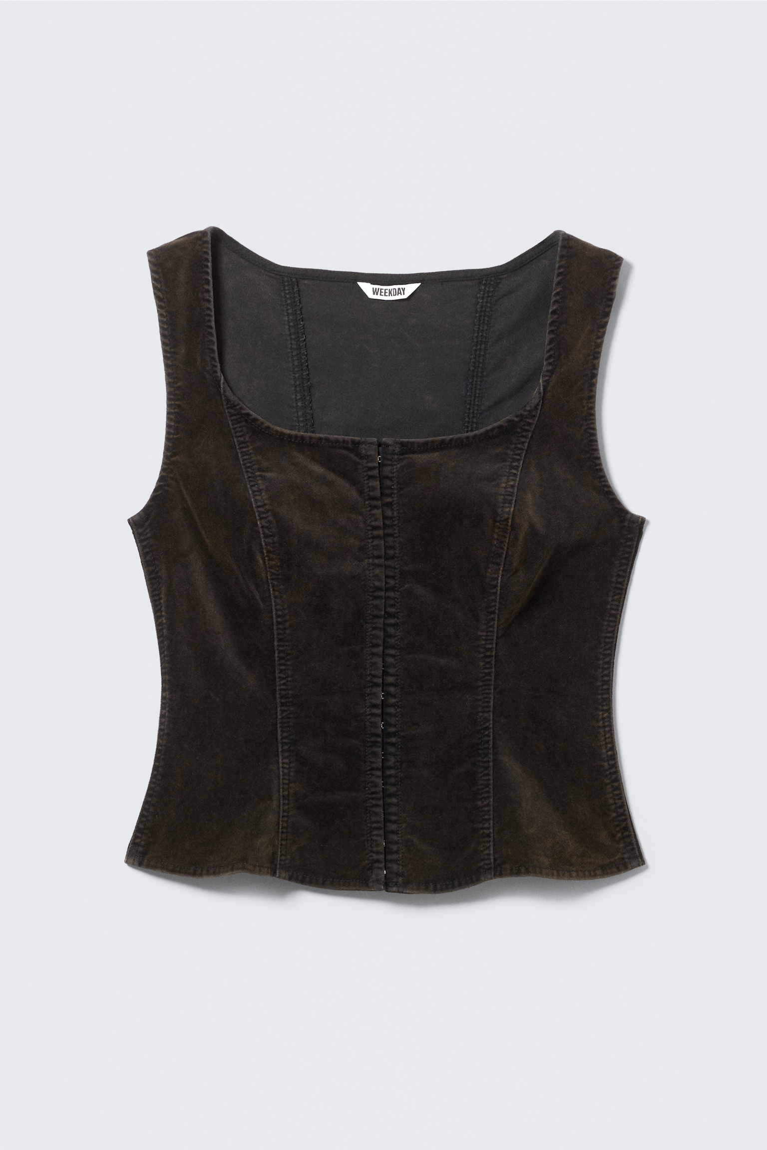 Fitted Washed Velvet Hook-and-Eye Top - Dark Brown - 2