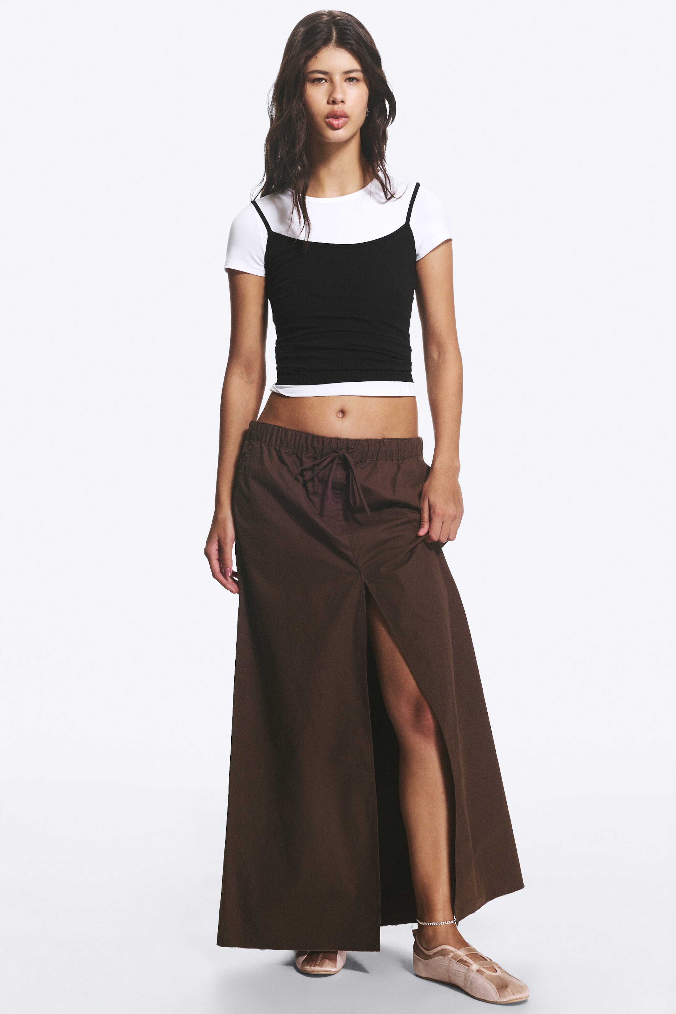 Dark Brown - Drawstring Cotton Canvas Maxi Skirt - 1