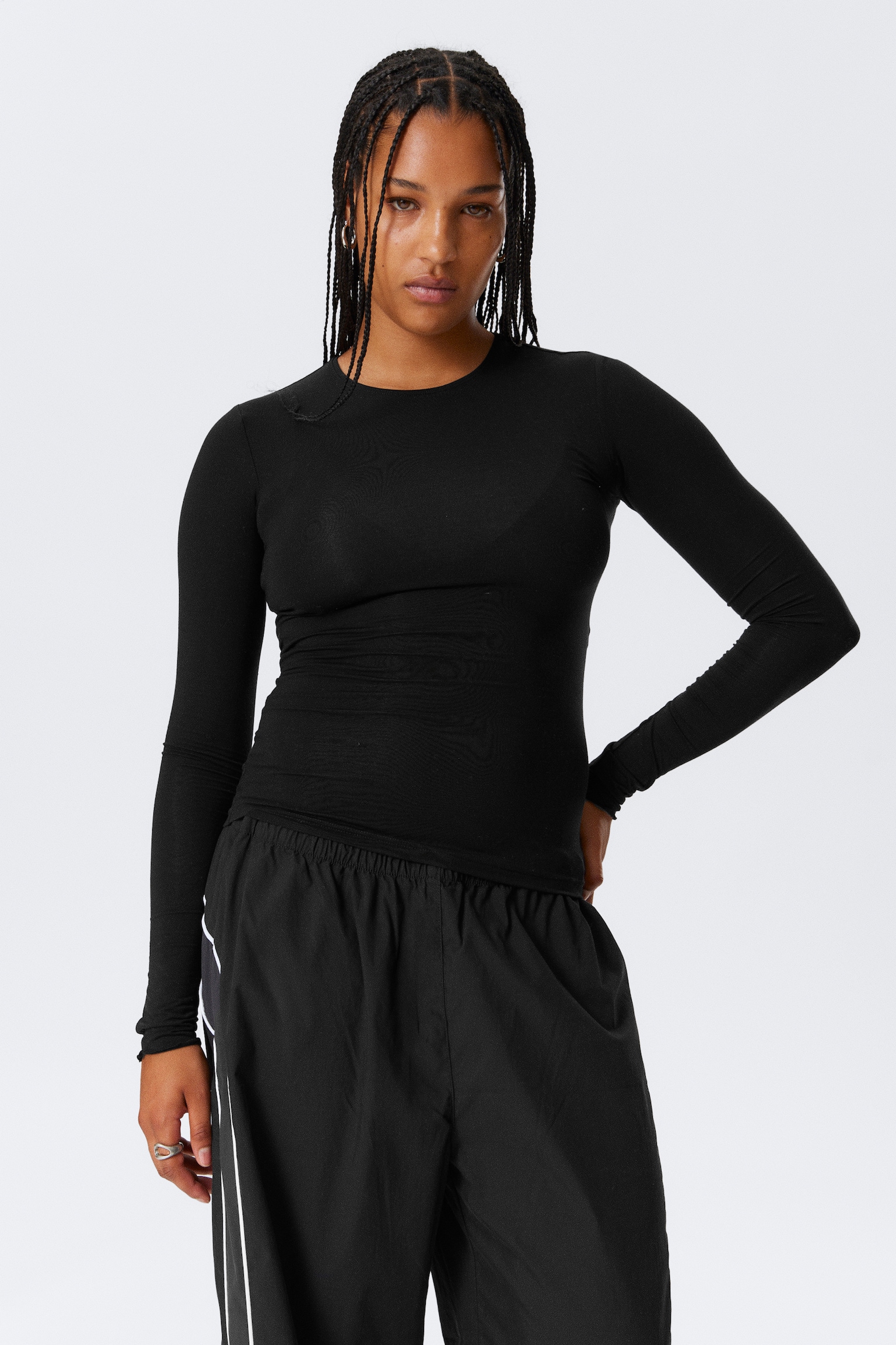 Slim Fit Long-Sleeved Lyocell Top - Black/Light Blue-ish Grey/Petrol - 1