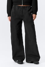 Washed Black - Low Rise Baggy Washed Canvas Trousers - 1