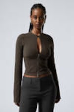 Dark Brown - Slim Long-Sleeved Zip Top - 0