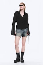 Transparent Black - Textured Long-Sleeved Wrap Shirt - 1