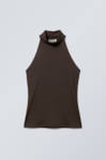 Dark Brown - Slim Sleeveless Turtleneck Top - 0
