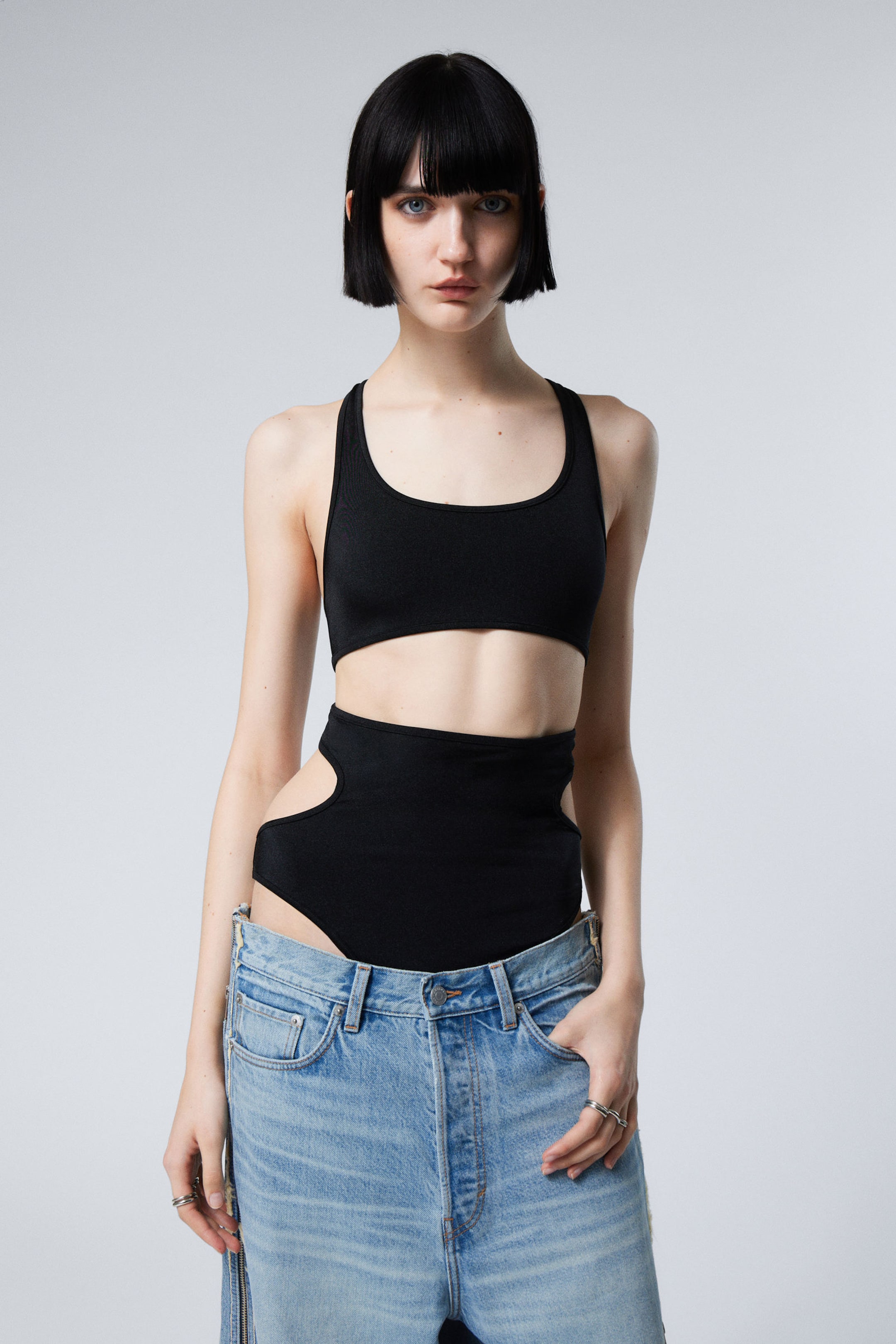 Black - Cut-out Nylon Bodysuit - 2