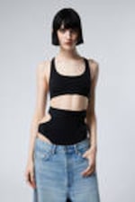 Black - Cut-out Nylon Bodysuit - 1