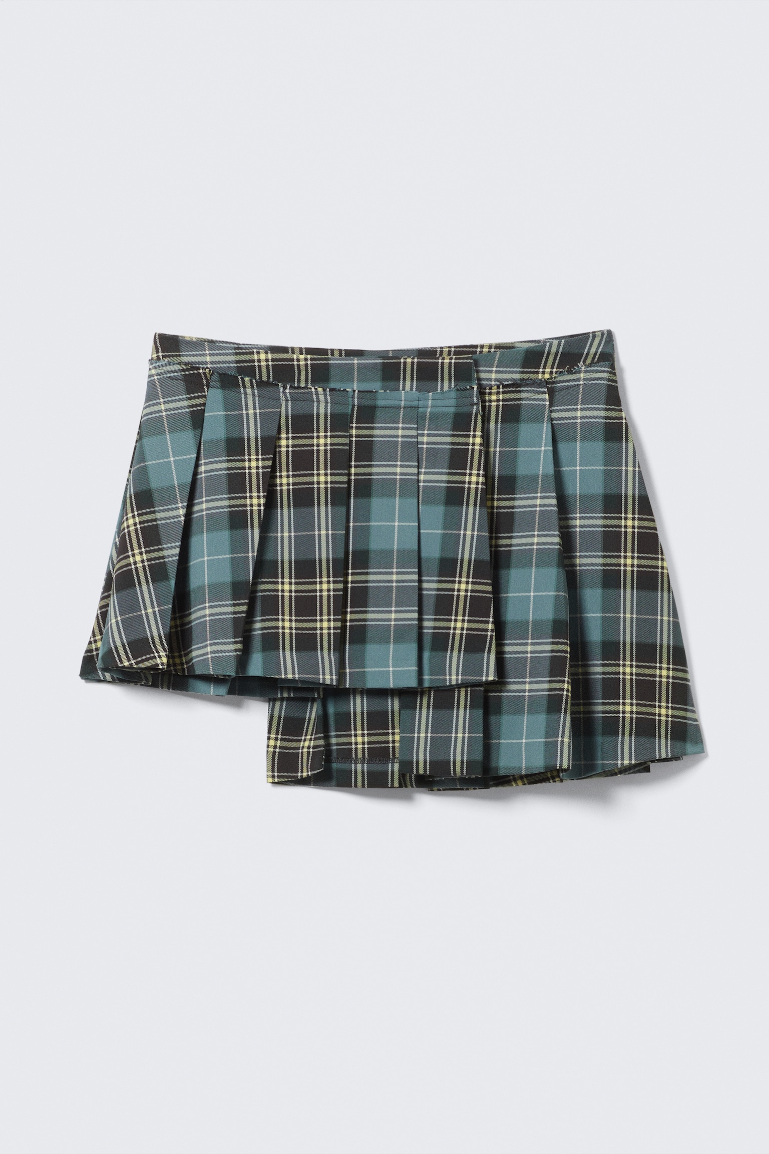 Asymmetric Pleated Wrap Mini Skirt - Dusty Dark Green Check/Black - 2