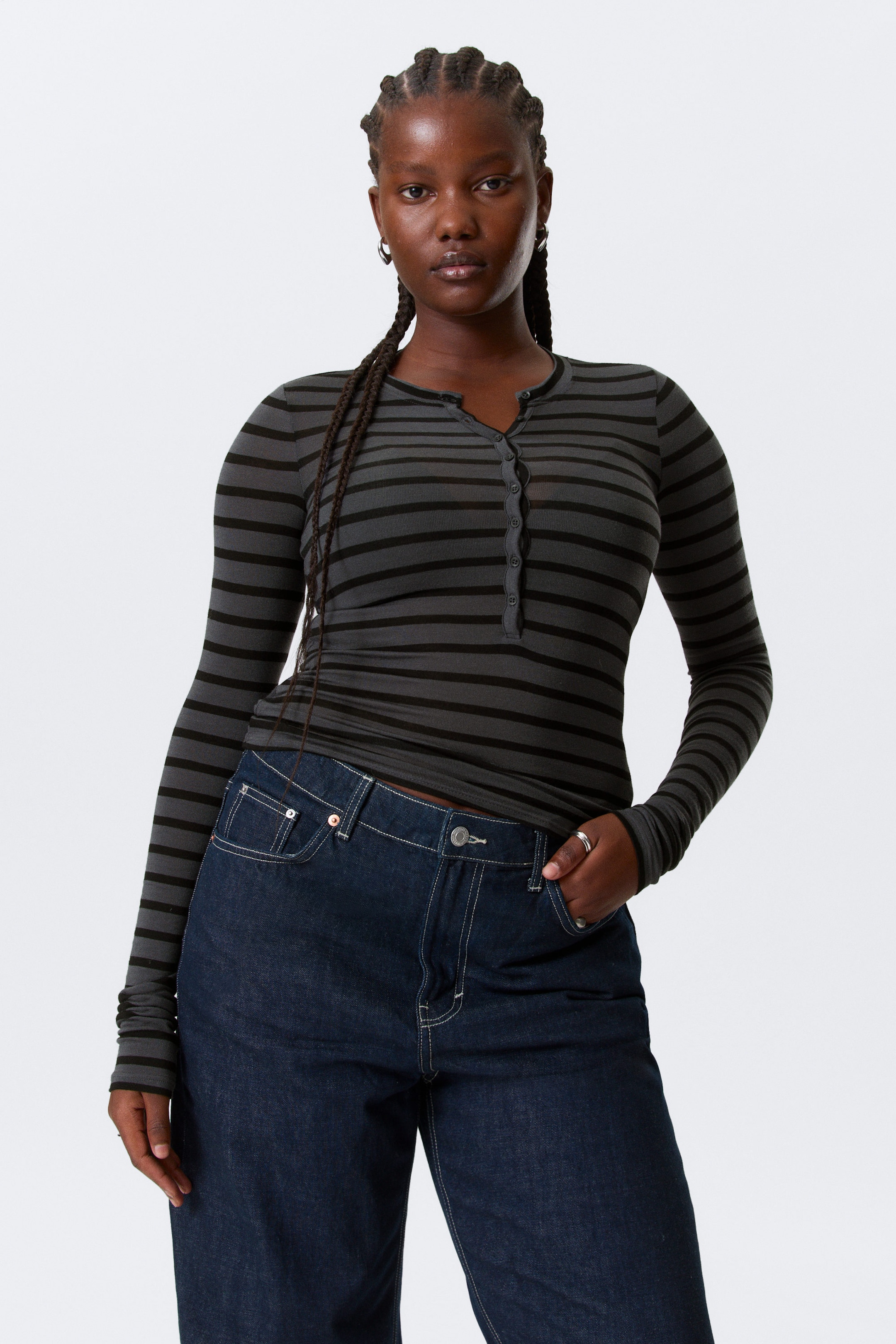 Black & Grey Stripes - Slim Long-Sleeved Henley Top - 1