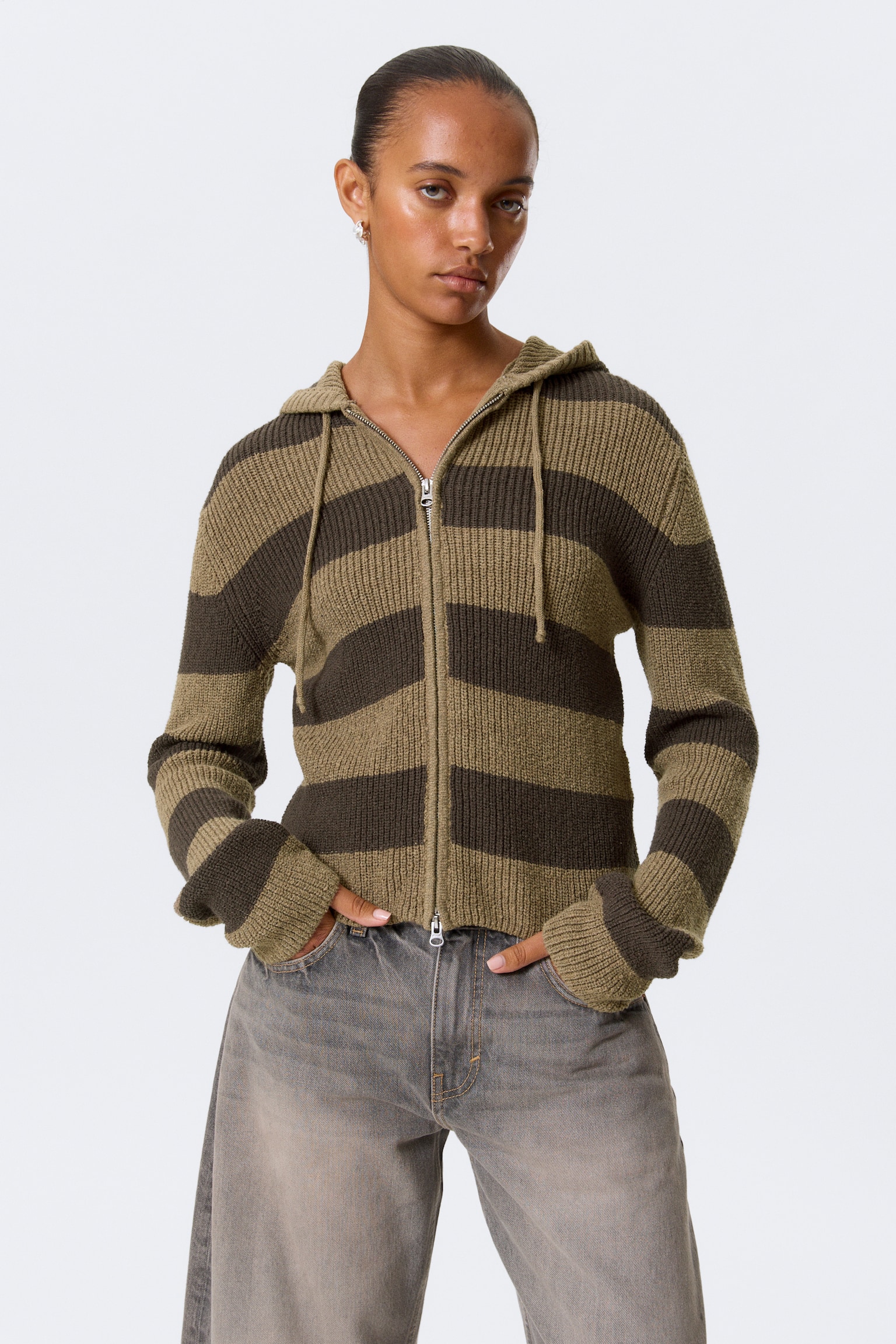 Felpa slim fit a righe con zip e cappuccio - Dark Mole e Brown Stripes/A righe grigio mélange