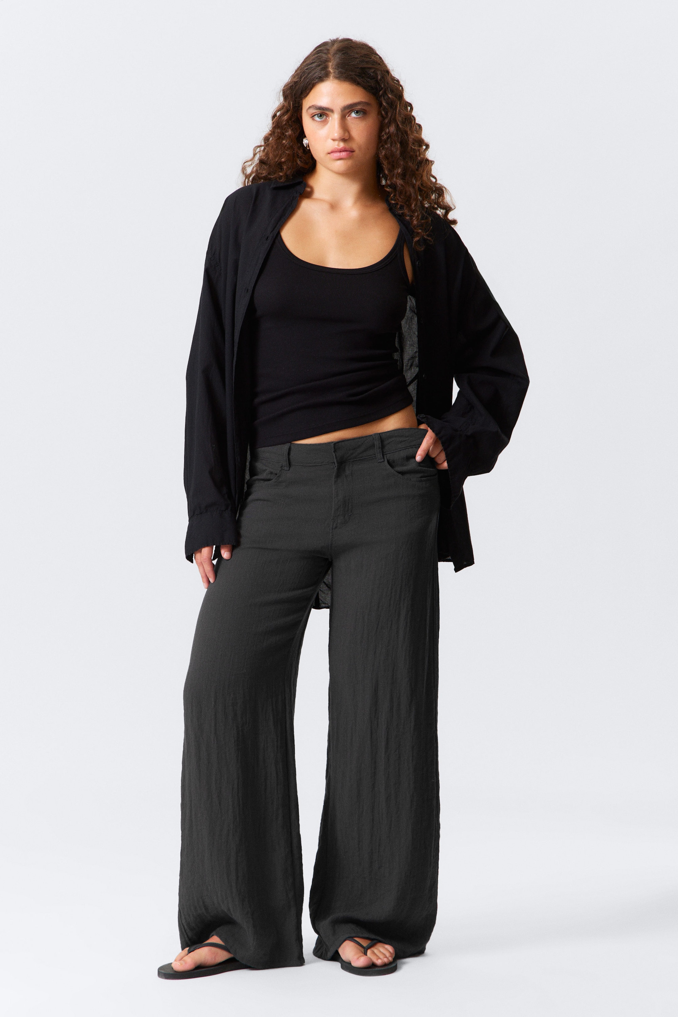 Dark Grey - Crinkle Low Waist Loose Fit Trousers - 1