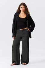 Dark Grey - Crinkle Low Waist Loose Fit Trousers - 0