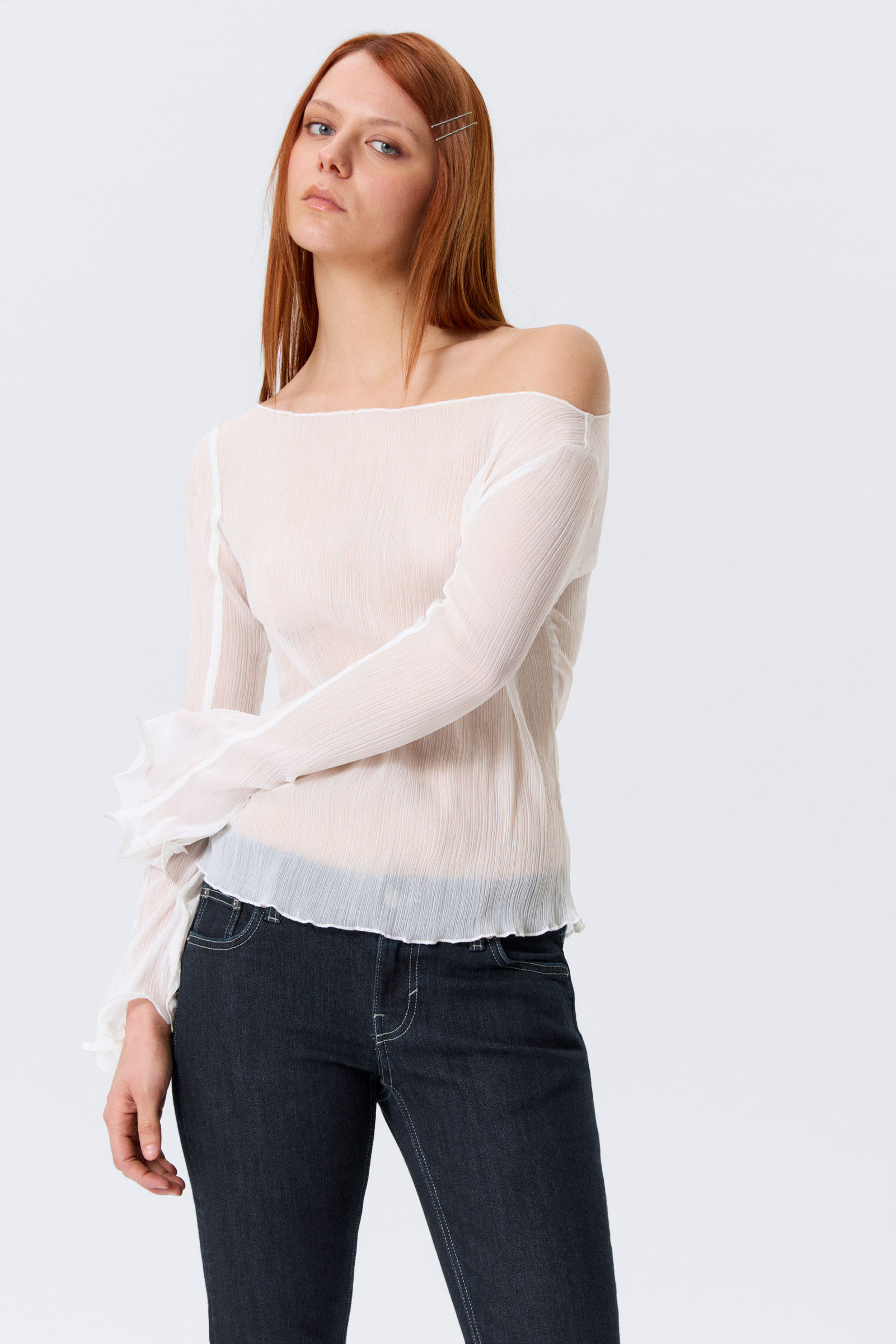 Sheer Boat-Neck Flared Sleeve Blouse