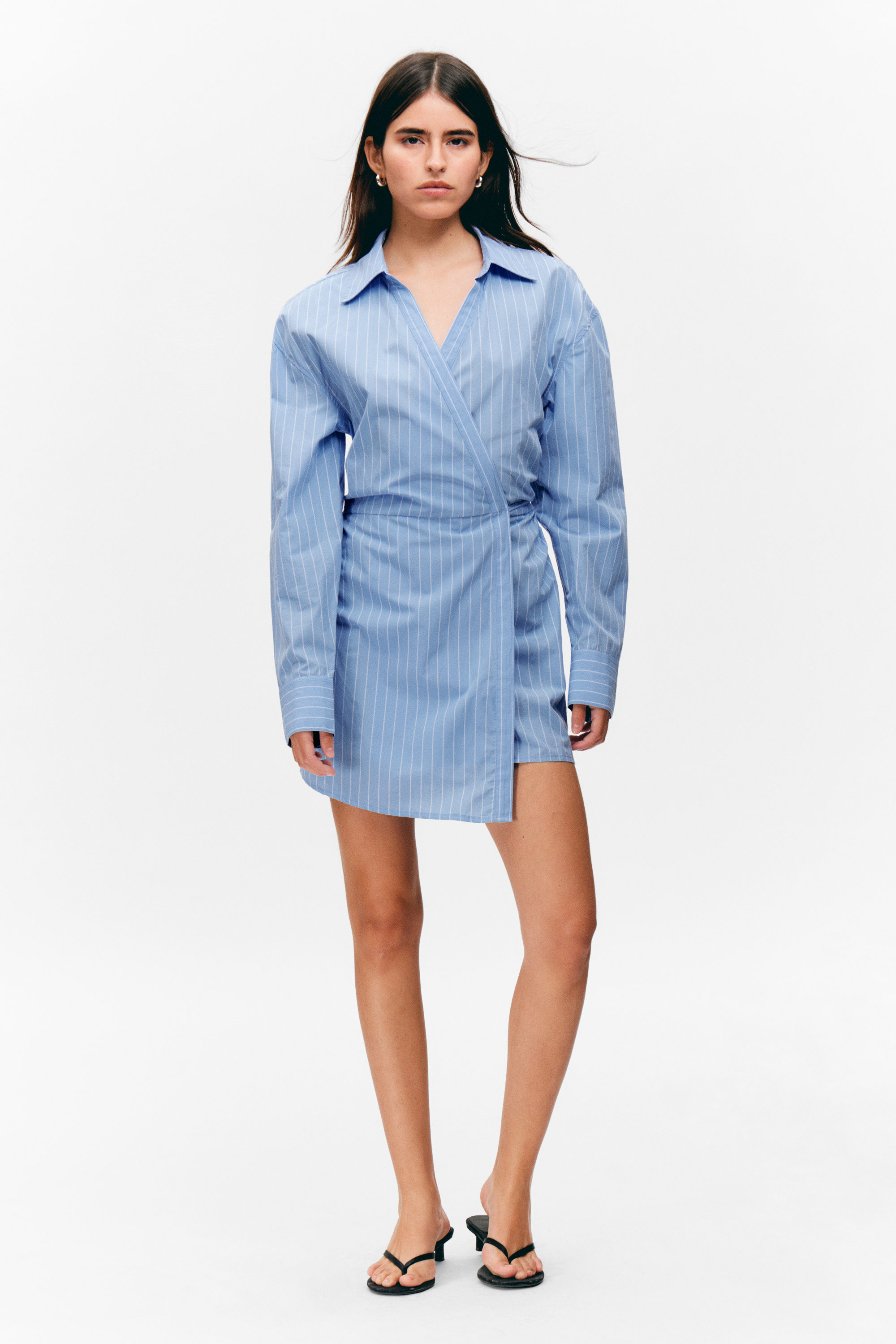 Light Blue Pinstripe - Long-Sleeved Mini Wrap Shirt Dress - 2