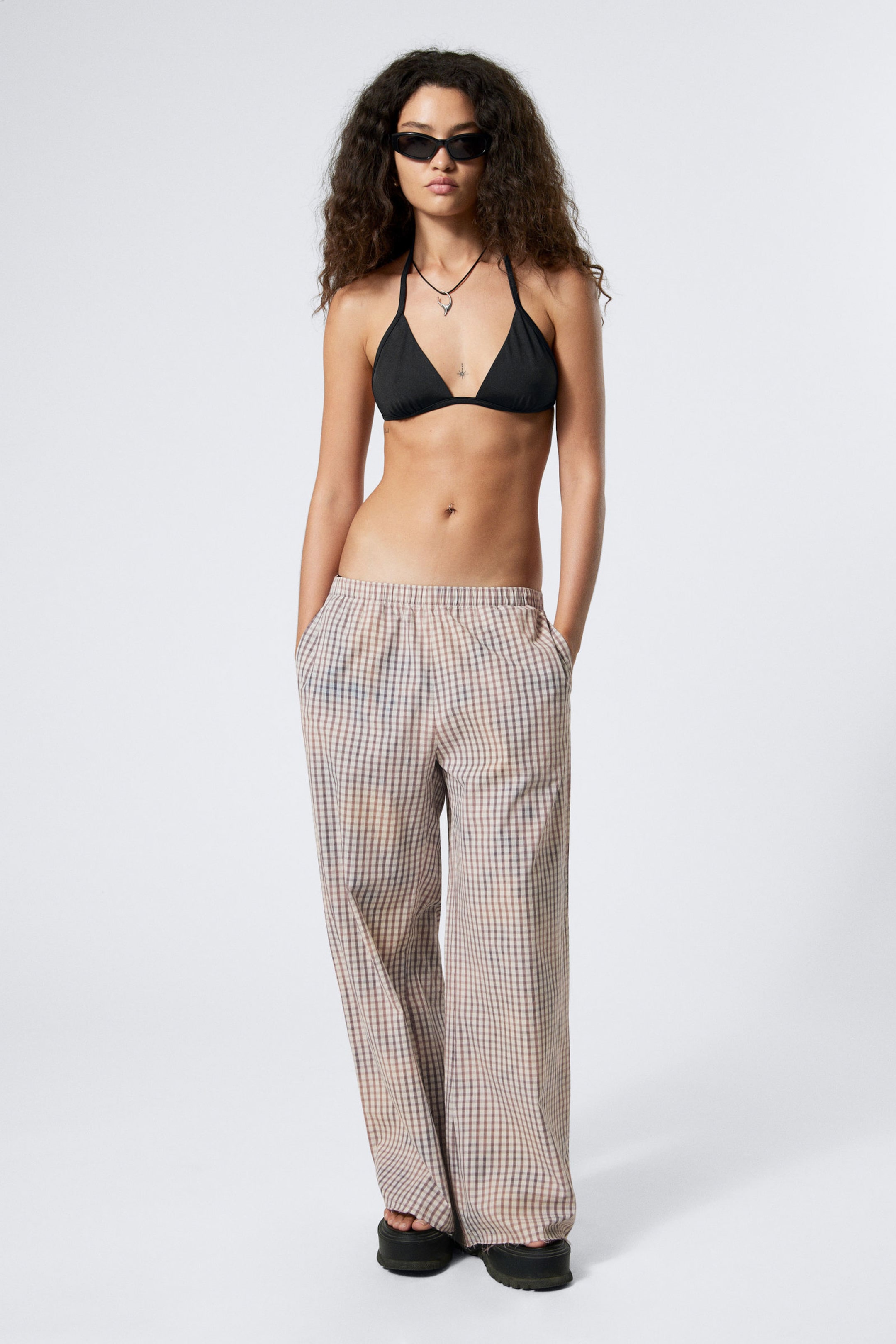 Blue Check - Bleached Effect - Low Loose Bleached Cotton Trousers - 1