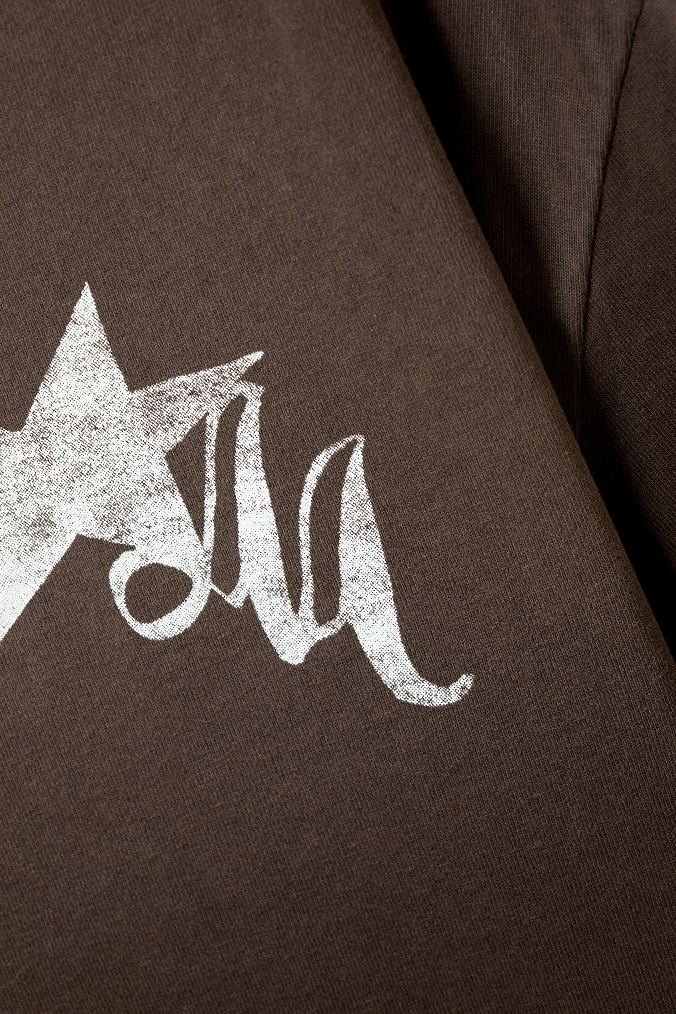 Agrandir l'image: Un t-shirt en jersey de coton marron foncé présente un grand imprimé graphique blanc vieilli. L'imprimé montre un design stylisé avec un élément en forme d'étoile et une écriture fluide.