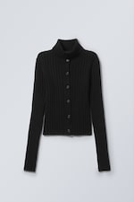 Black - Slim Knitted Turtleneck Cardigan - 1