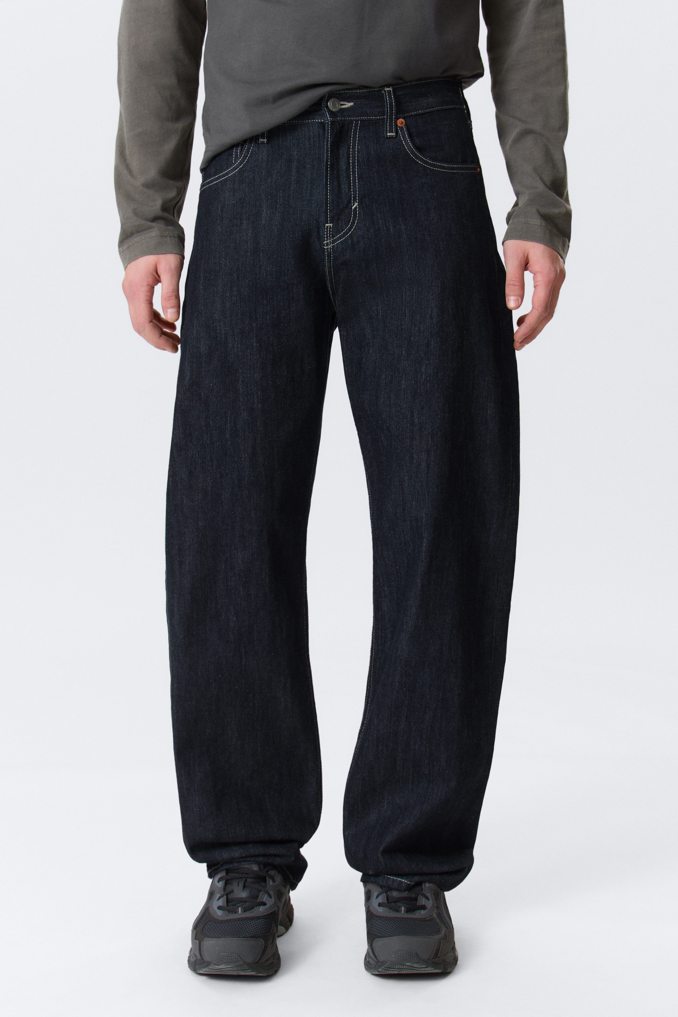 Blue Rinse - Dark Blue - Nebula Mid Rise Loose Barrel Leg Unisex Jeans - 2