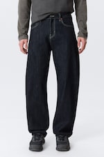 Blue Rinse - Dark Blue - Nebula Mid Rise Loose Barrel Leg Unisex Jeans - 2