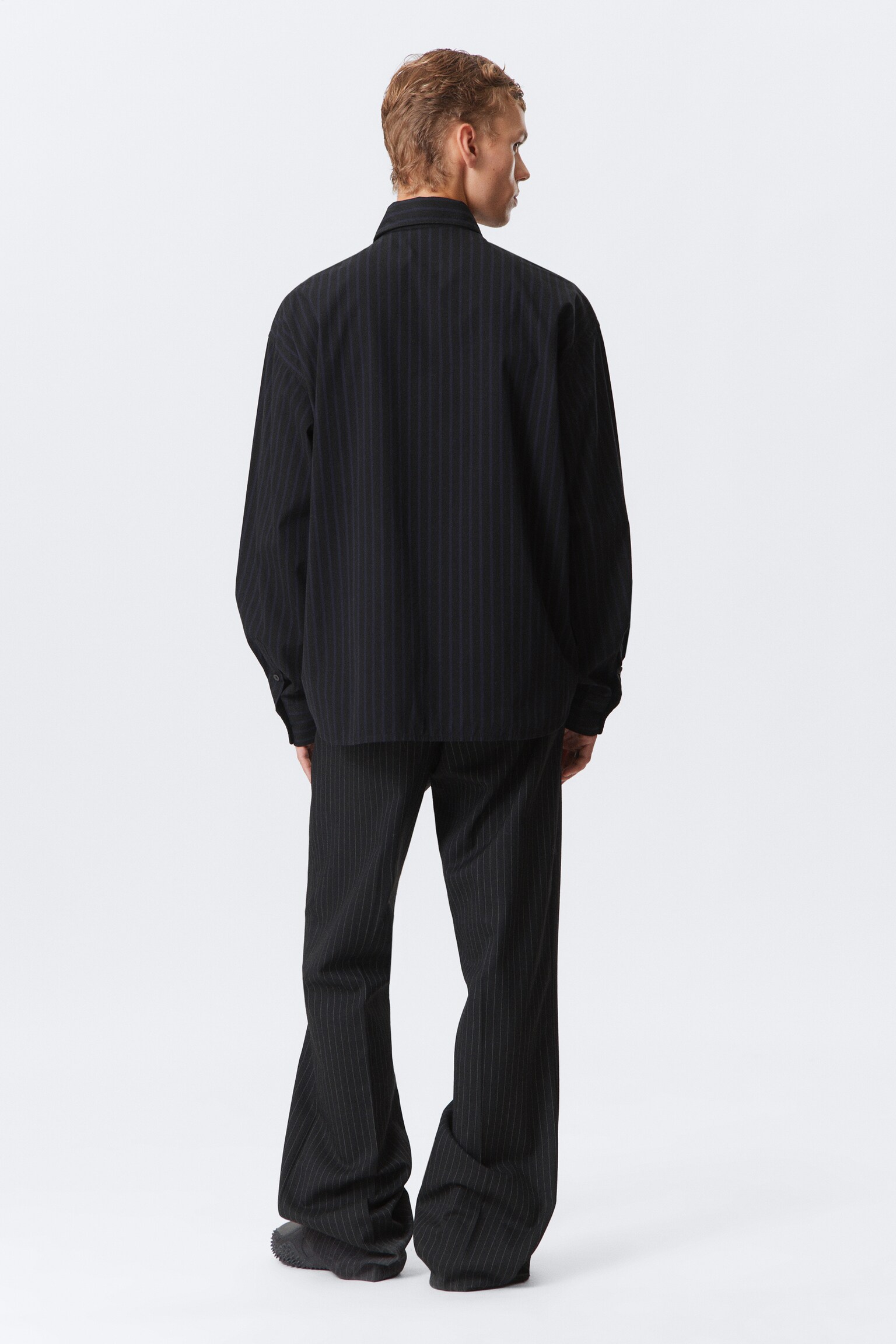 Oversized Button-Up Poplin Shirt - Black - Dark Blue Stripes - 6