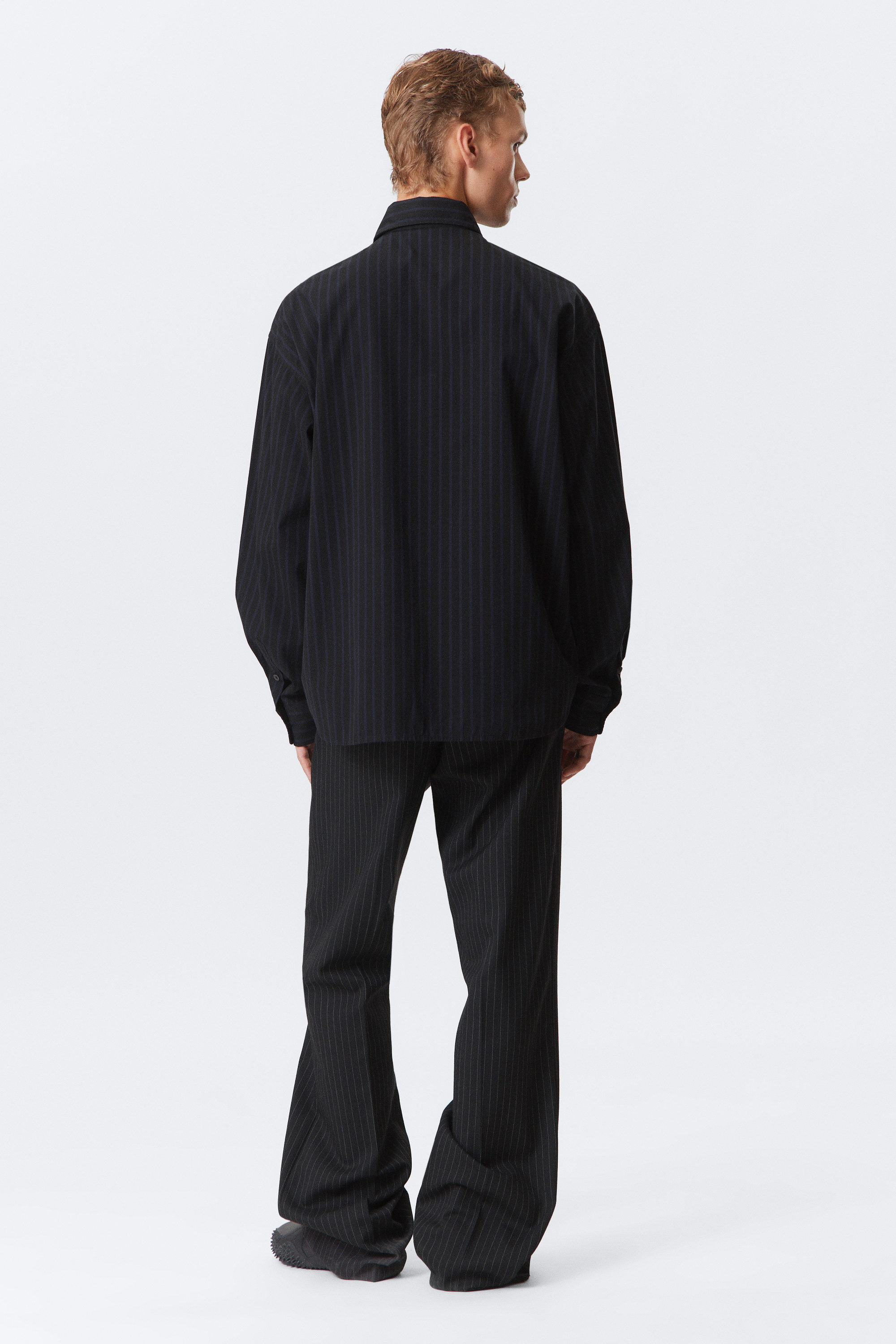 Black - Dark Blue Stripes - Oversized Button-Up Poplin Shirt - 4