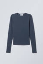Dunkles gedecktes Blau - Schmales Langarmtop - 3