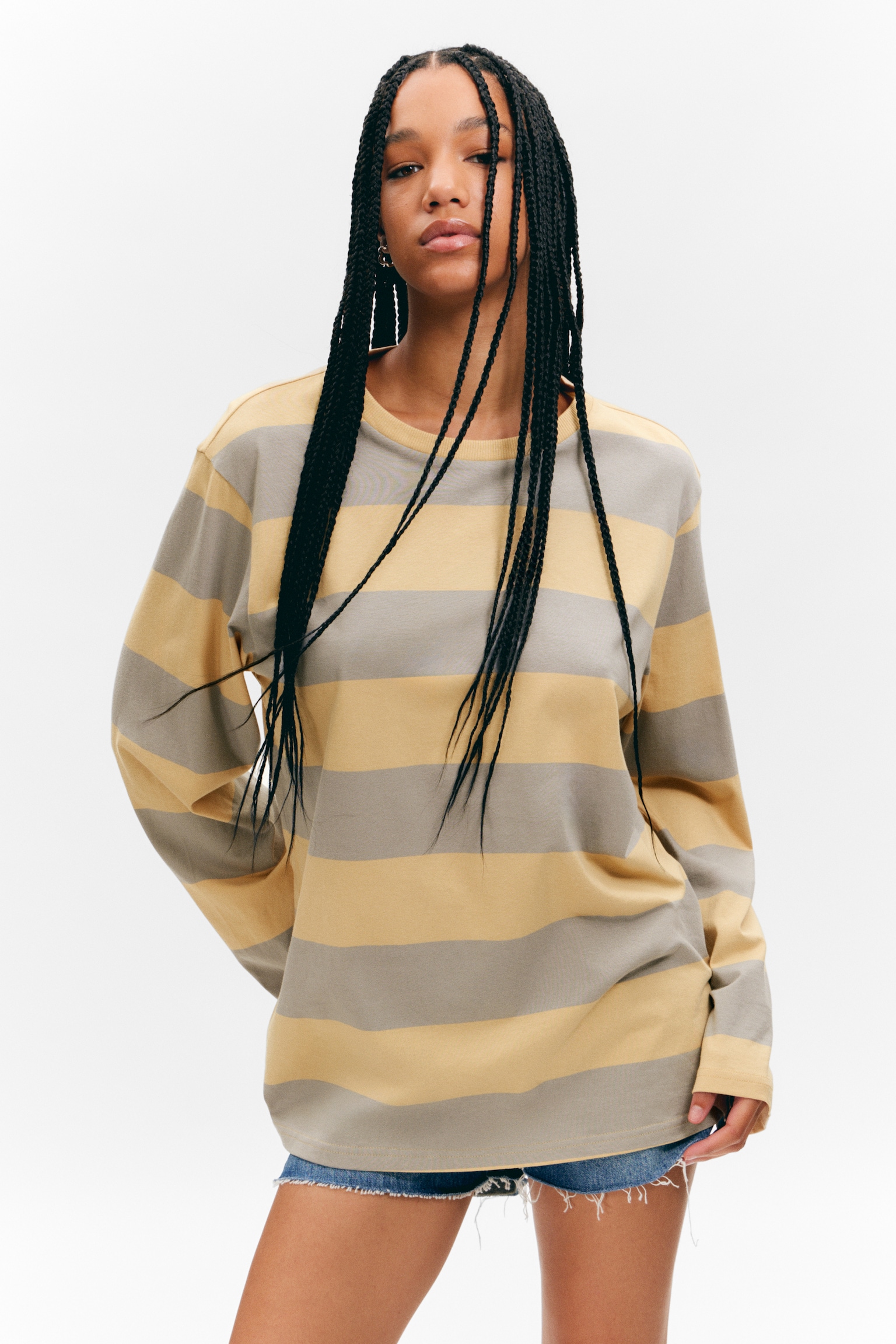 Striped Long-Sleeved Mini Dress - Beige & Grey Stripes - 1