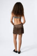 Dark Brown - Satin Wrap Mini Skirt - 2