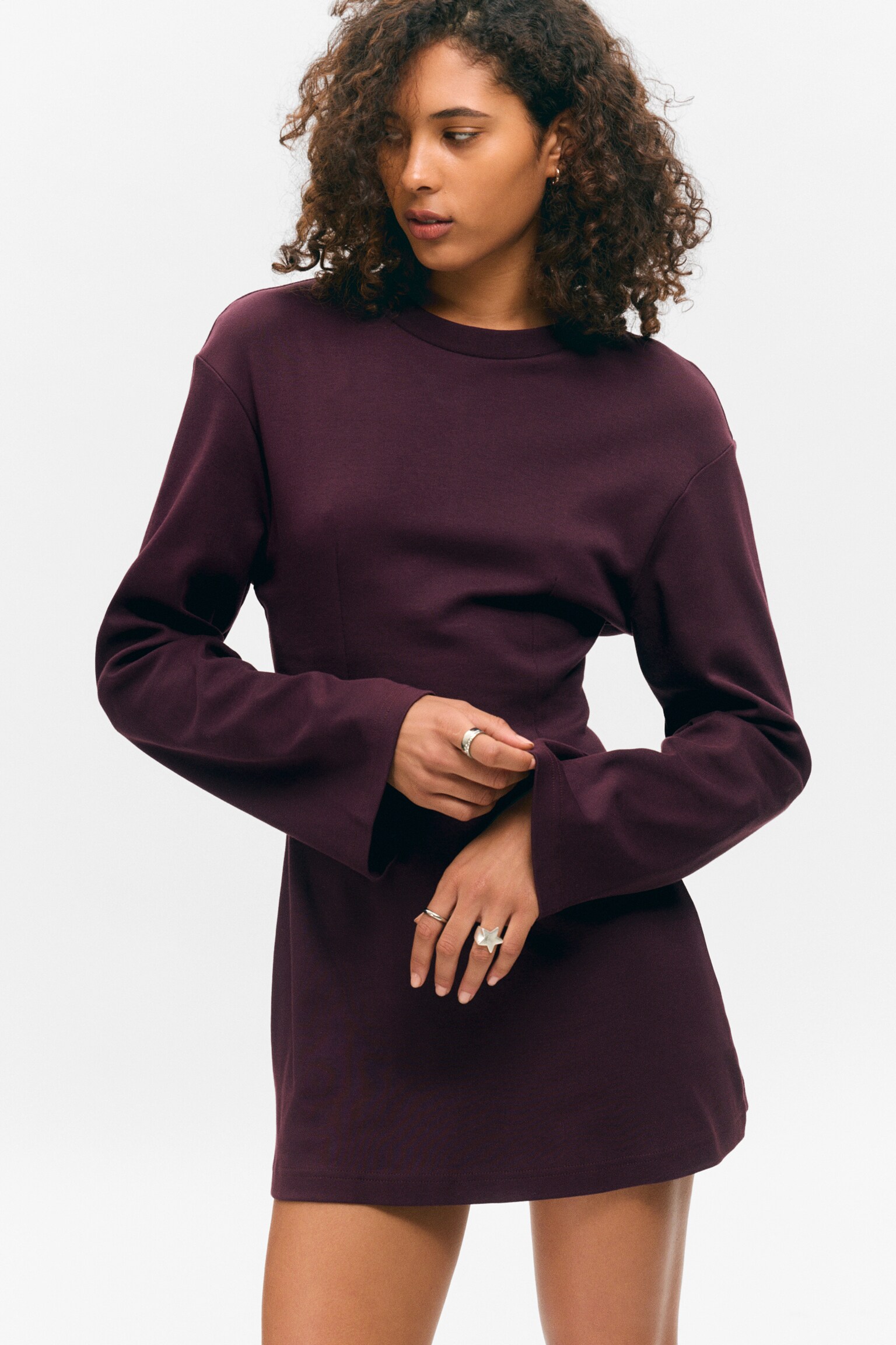 Long-Sleeved Cotton Mini Dress - Dark Plum/Black/Striped Black - 4
