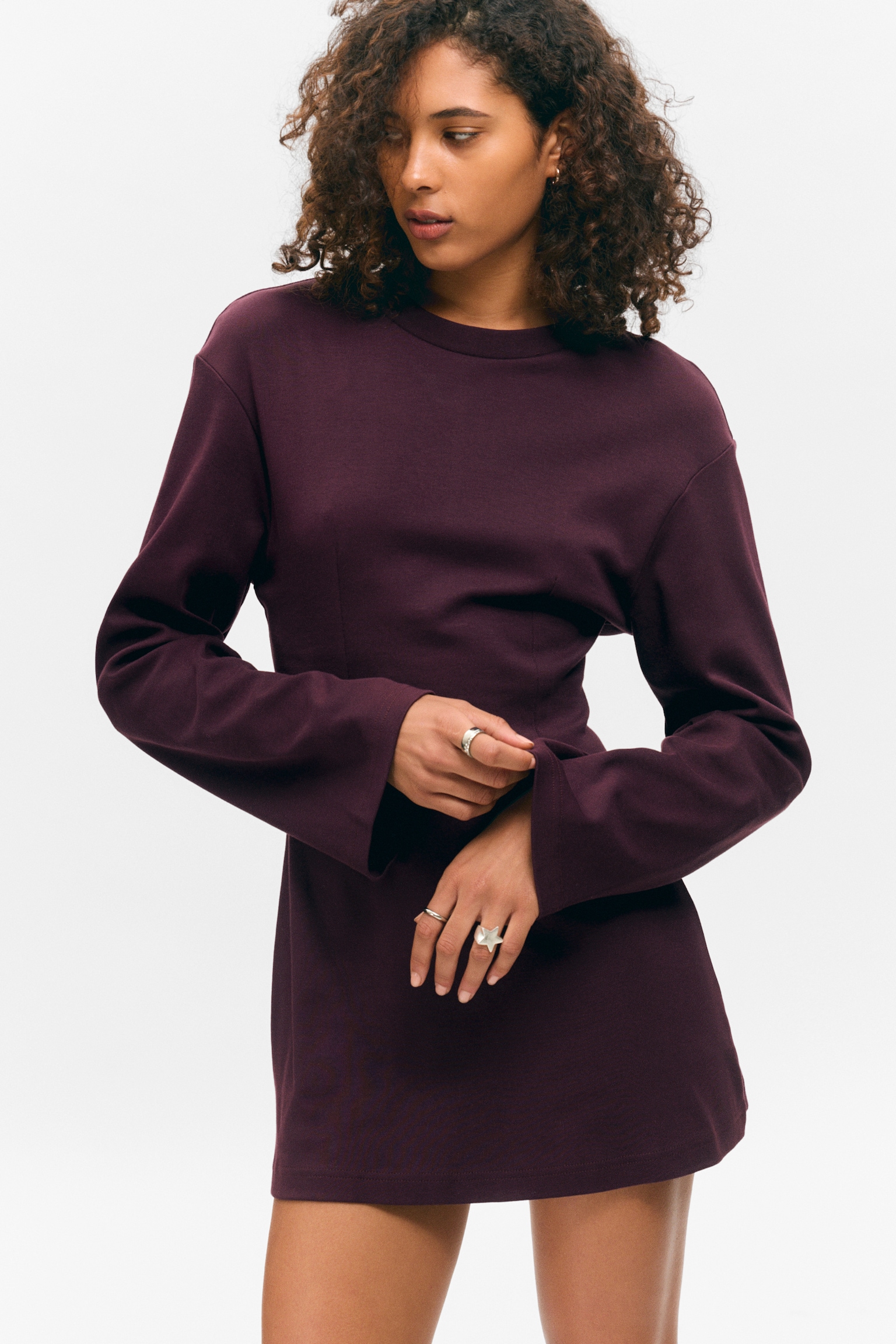 Long-Sleeved Cotton Mini Dress - Dark Plum/Black/Striped Black - 3