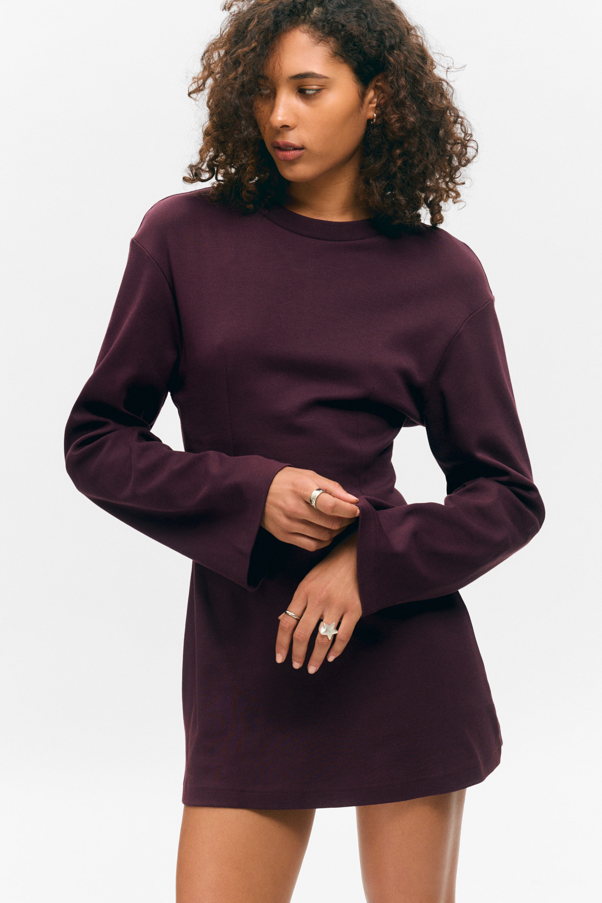 Dark Plum - Long-Sleeved Cotton Mini Dress - 2