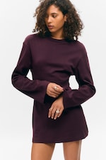 Dark Plum - Long-Sleeved Cotton Mini Dress - 1