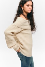 Beige clair - Pull côtelé à épaules dénudées - 2