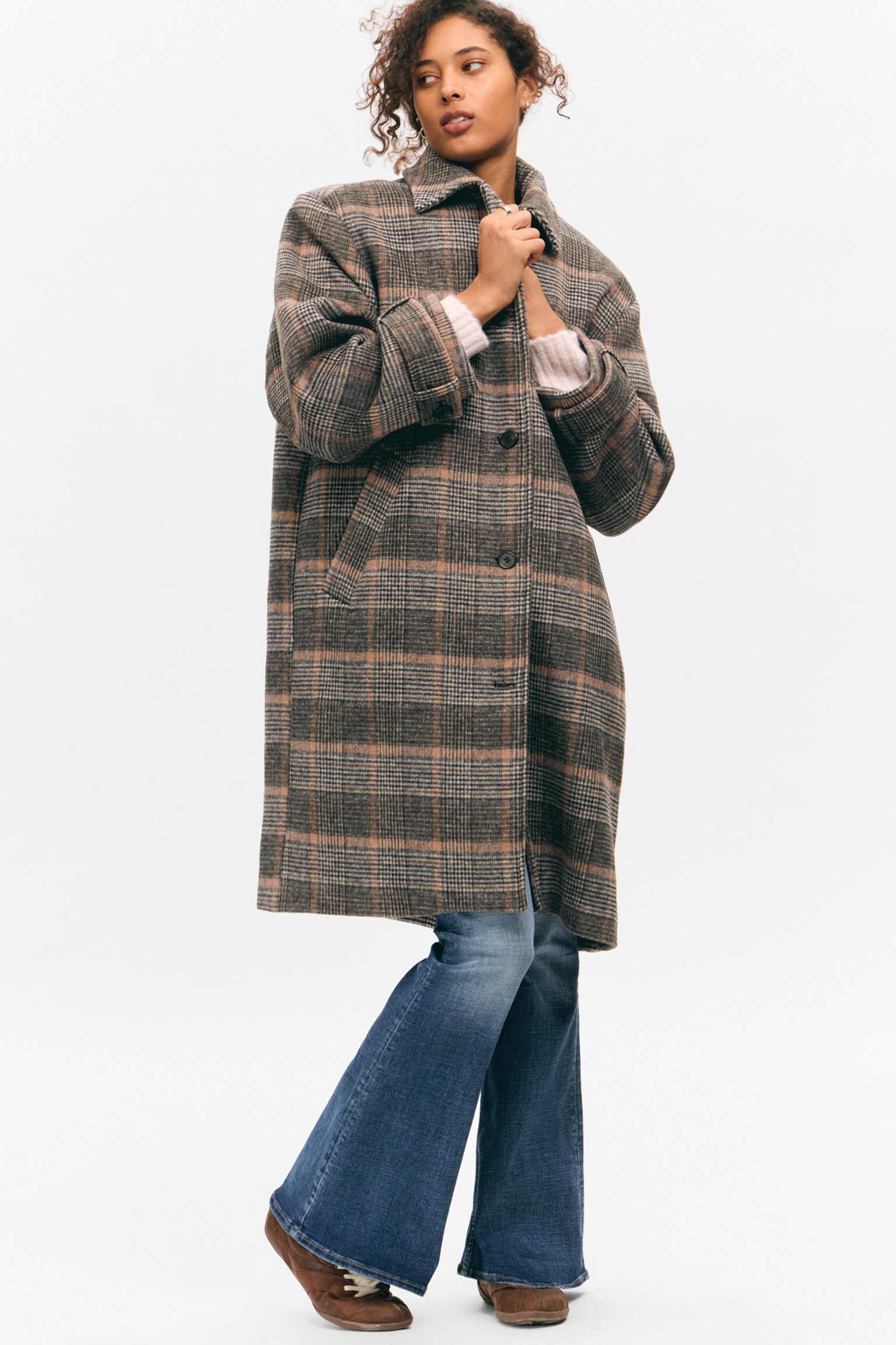 Knee-Length Single-Breasted Coat - Dusty Mole Check/Black/Dusty Dark Grey Melange - 6