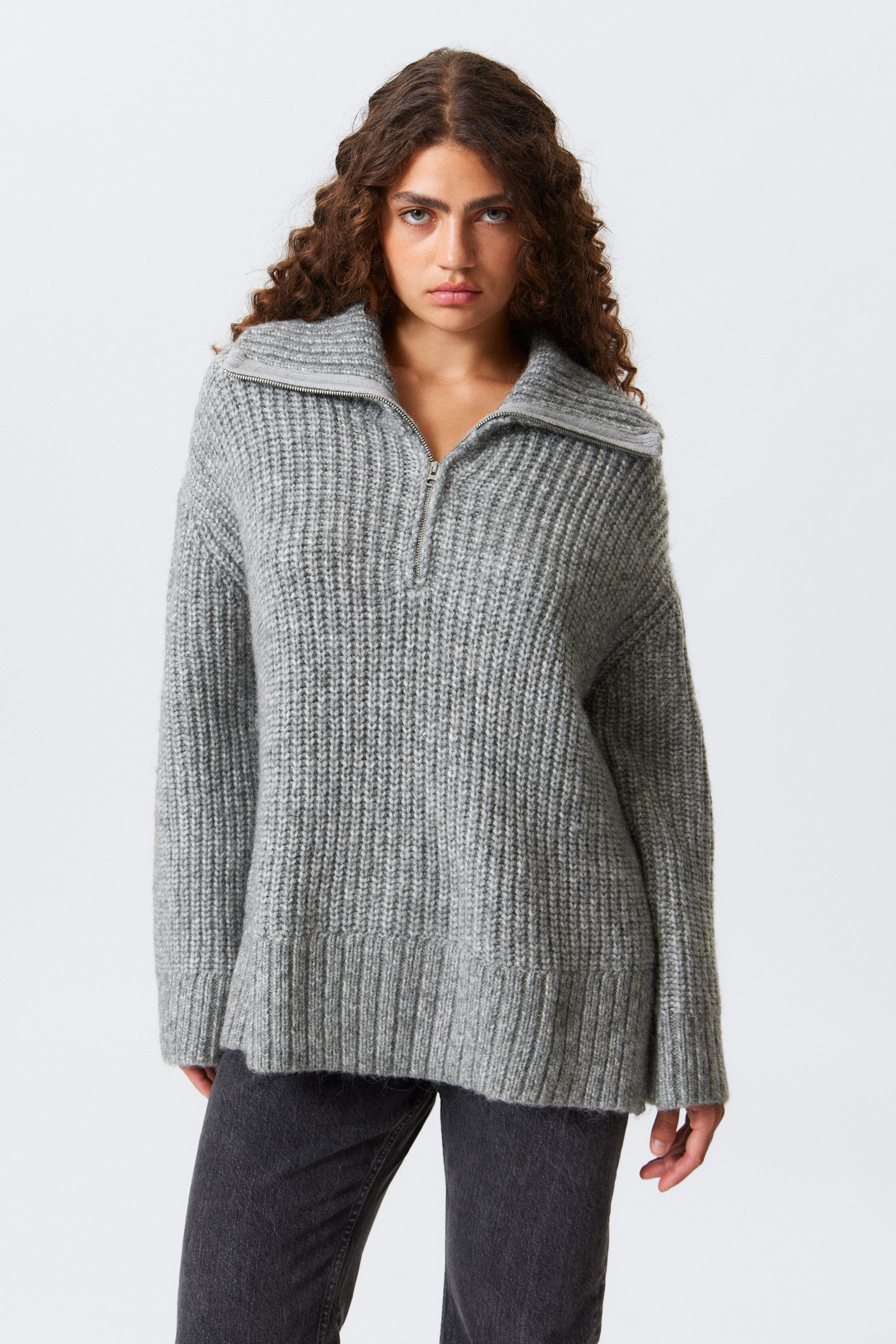 Grey Melange - Rib-Knit Half-Zip Turtleneck Sweater - 1