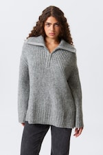 Grey Melange - Rib-Knit Half-Zip Turtleneck Sweater - 0