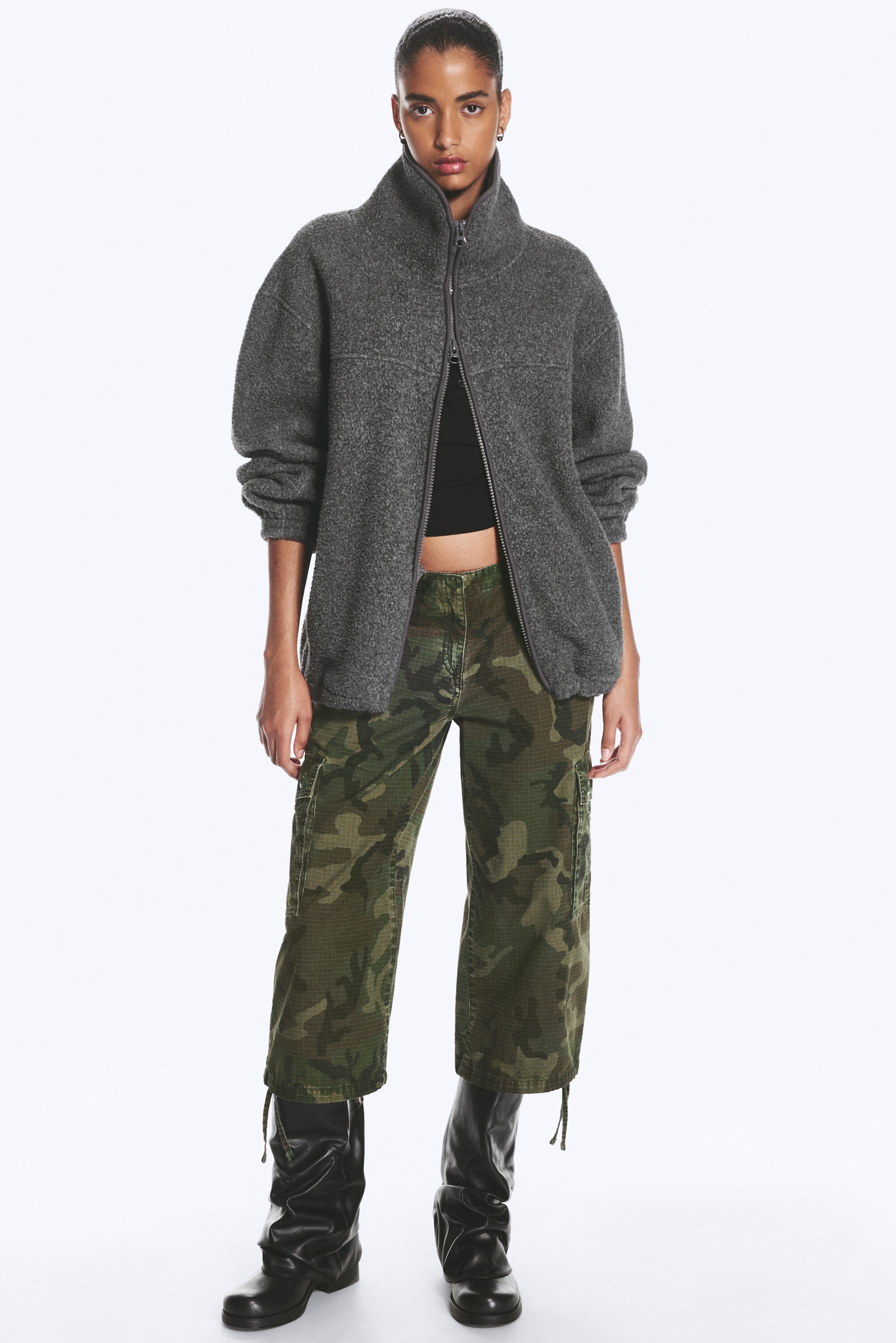 Dark Grey Melange - Funnel neck pile jacket - 2