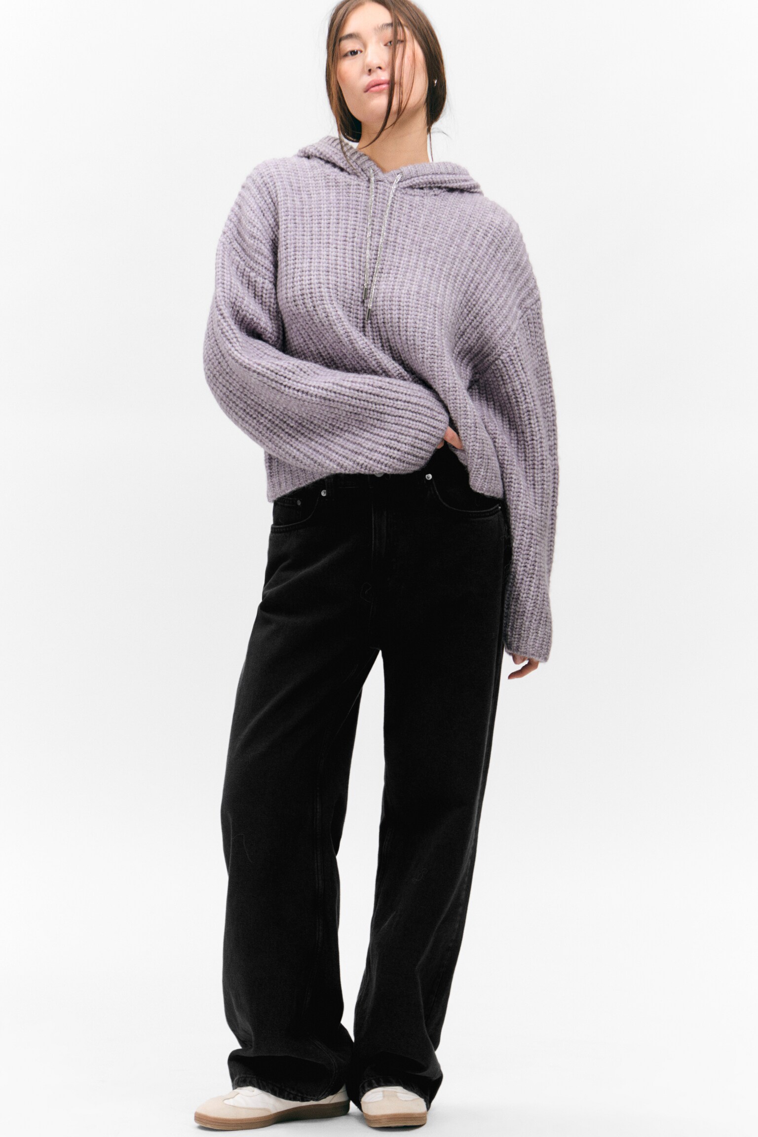 Knitted Drawstring Hoodie - Lilac/White - 4