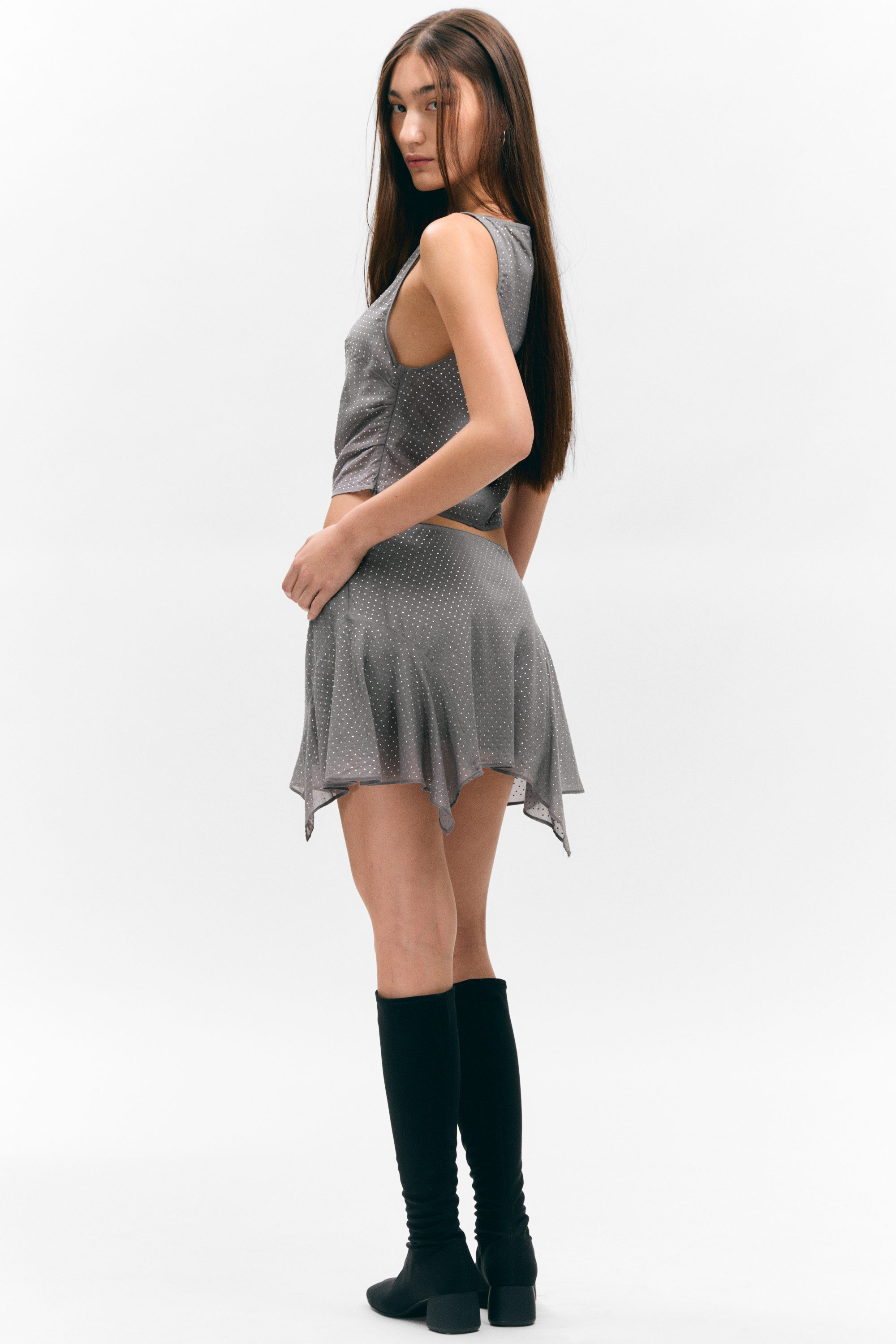 Grey - Rhinestones - Asymmetric Sequin Mini Skirt - 3