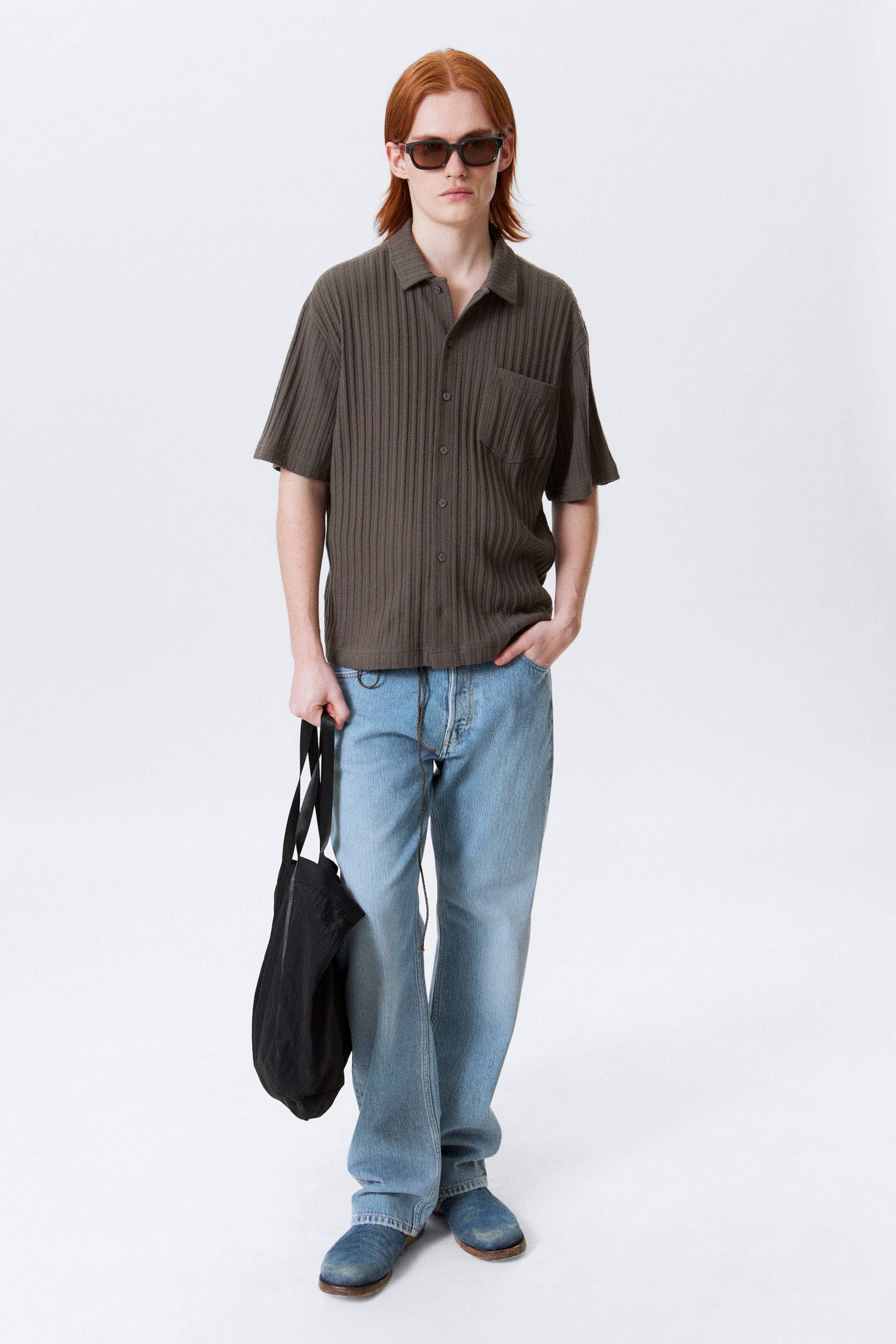 #444240 - Knitted Short-Sleeved Button-Up Shirt - 2