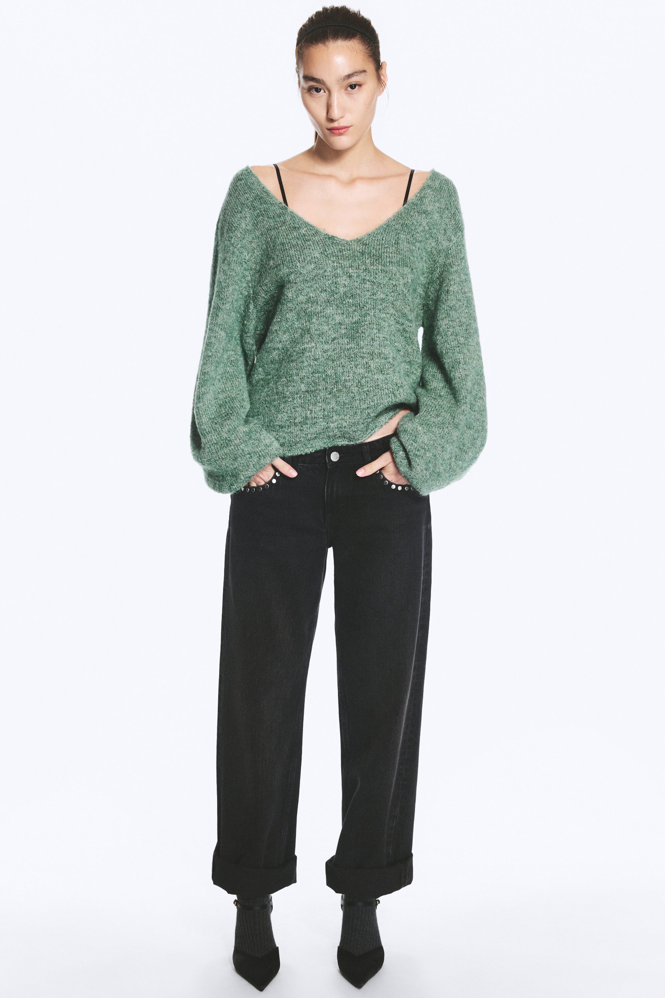 Green Melange - Oversized Knitted V-Neck Sweater - 2