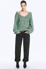 Green Melange - Oversized Knitted V-Neck Sweater - 1