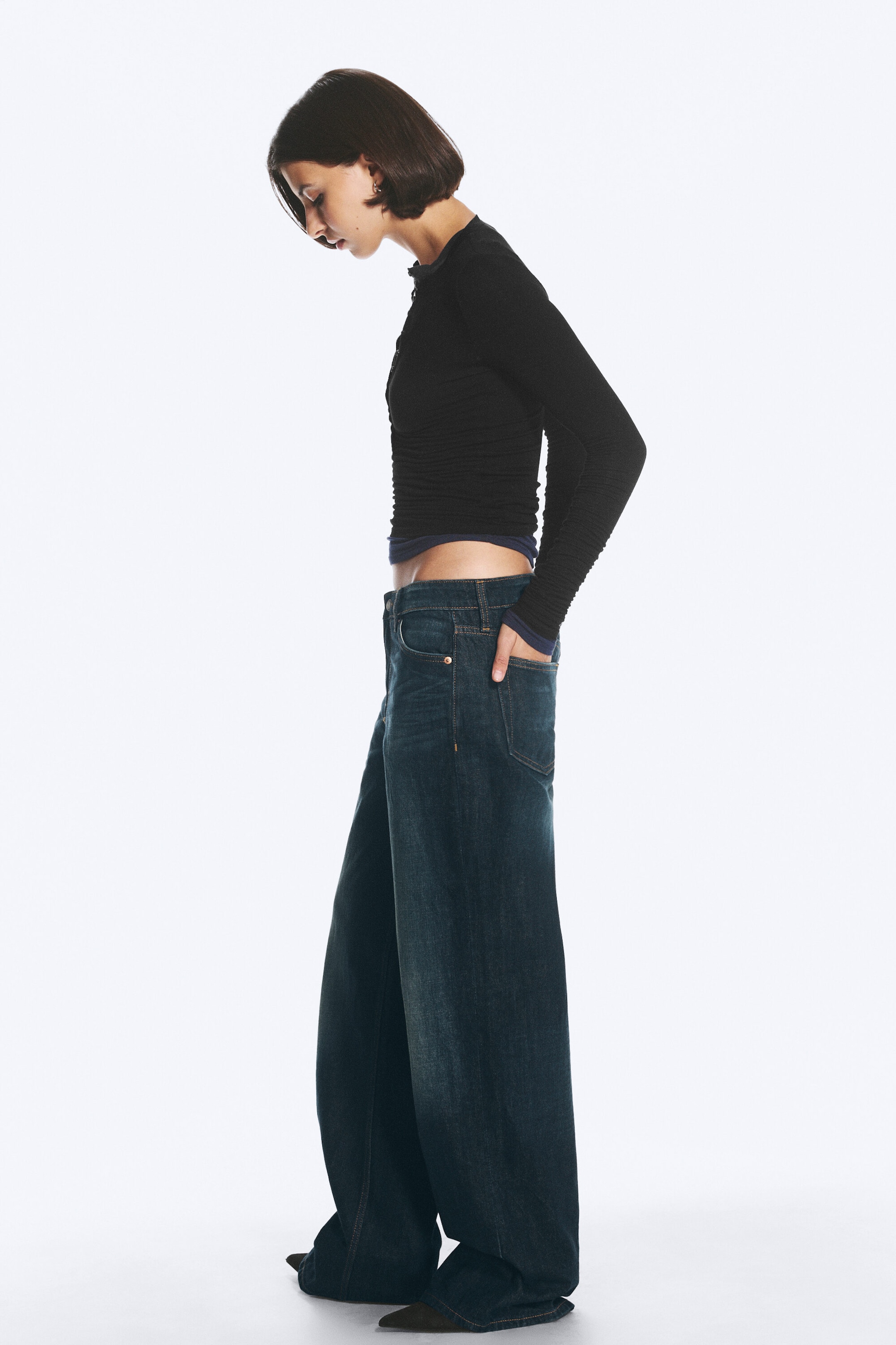 Rain Blue - Dark Blue - Ample Low Rise Loose Wide Jeans - 3