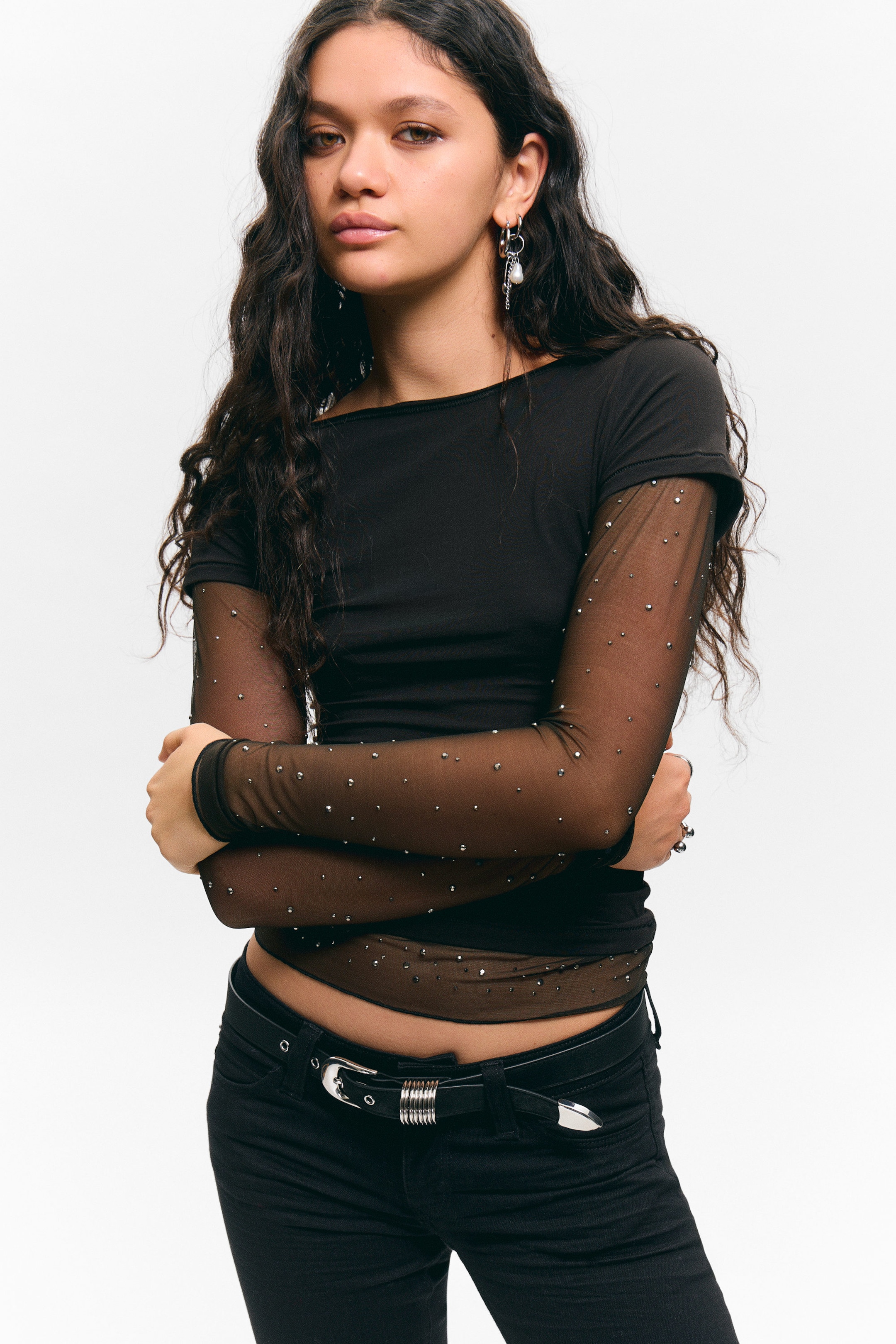 Schwarz - Top mit Netzärmeln und Strass - 1