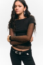 Zwart - Top met strass-steentjes en mesh-mouwen - 0