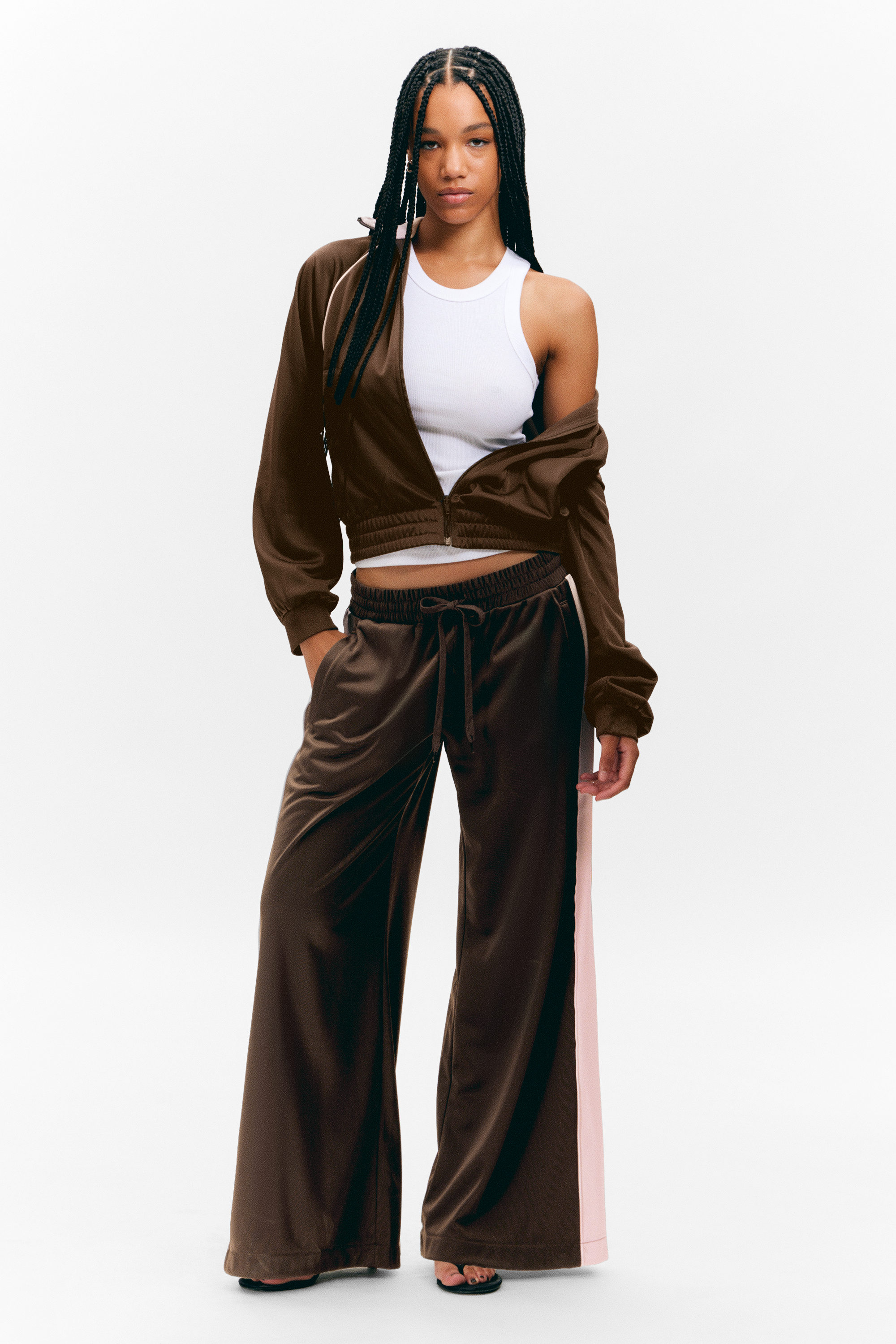 Dark Brown - Pink Stripes - WideRelaxedFitTrackTrousers - 2