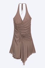 Gewaschenes Braun - Neckholder-Minikleid mit Raffungen - 6