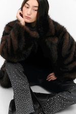 Dark Grey - Rhinestones - Low Rise Zip-Hem Satin Rhinestone Trousers - 1