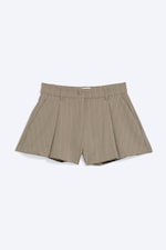 Pinstriped Beige - Relaxed Pleated Mini Suiting Shorts - 0